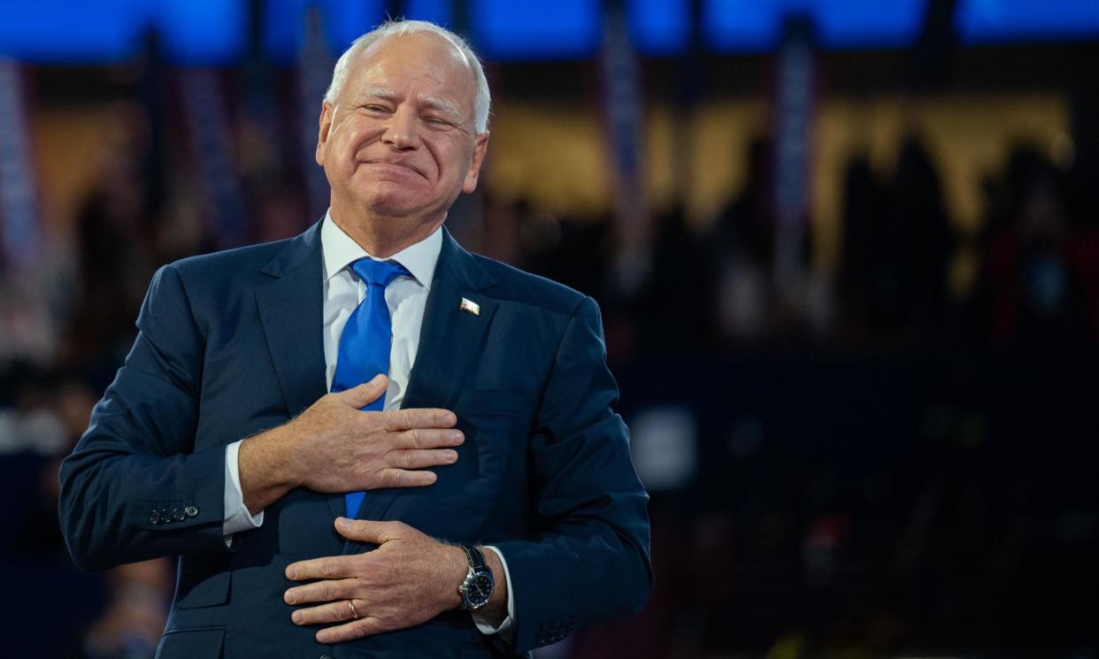 <span>Tim Walz giving his acceptance speech after being nominated as the Democratic party’s candidate for US vice-president.</span><span>Photograph: Rex/Shutterstock</span>