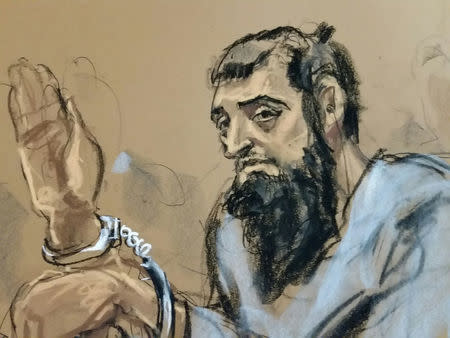 Sayfullo Saipov, the suspect in the New York City truck attack, is seen in this courtroom sketch appearing in Manhattan federal courtroom in a wheelchair in New York, NY, U.S., November 1, 2017. REUTERS/Jane Rosenberg