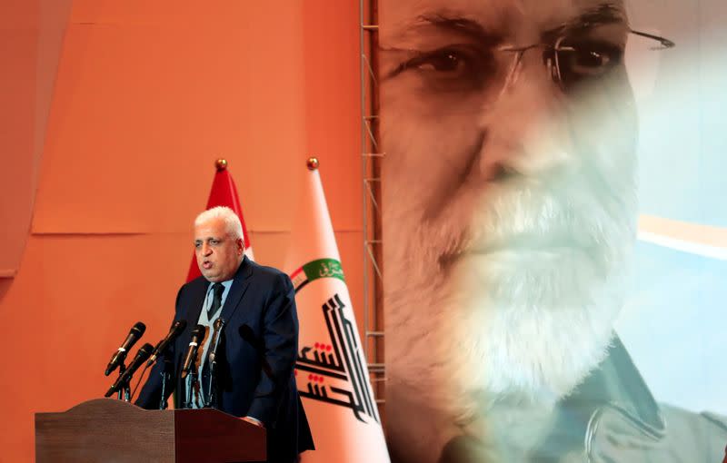 FILE PHOTO: Head of the Popular Mobilization forces Faleh al-Fayyad speaks during the forty days memorial, after the killing of Iran's Quds Force top commander Qassem Soleimani and Iraqi militia commander Abu Mahdi al-Muhandis, in Baghdad