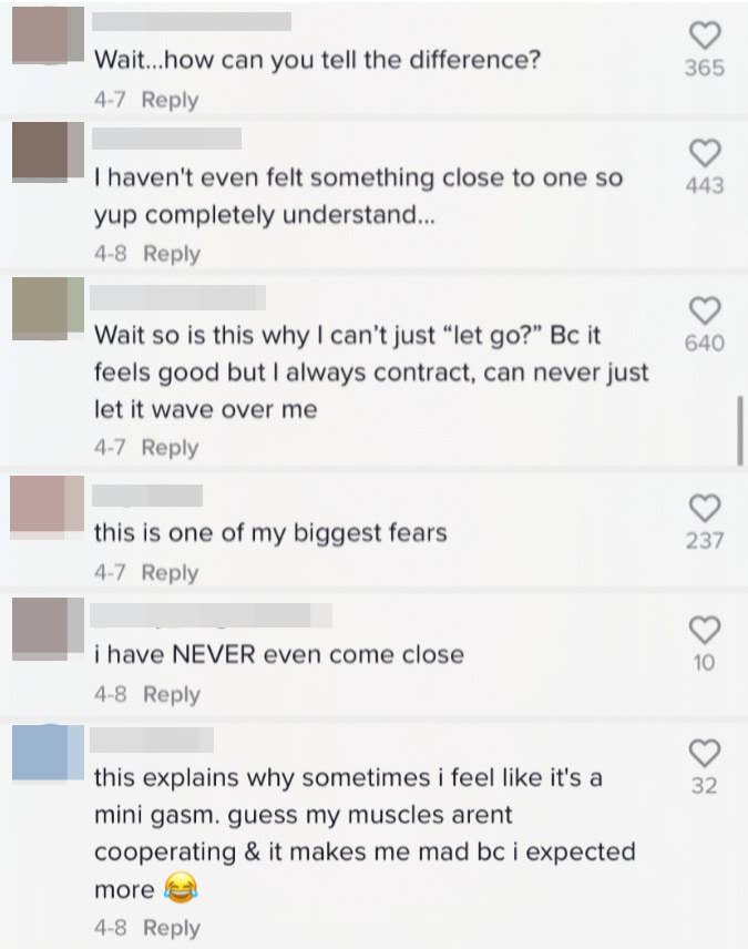 A screenshot of comments from people saying they also haven't been able to achieve full orgasm