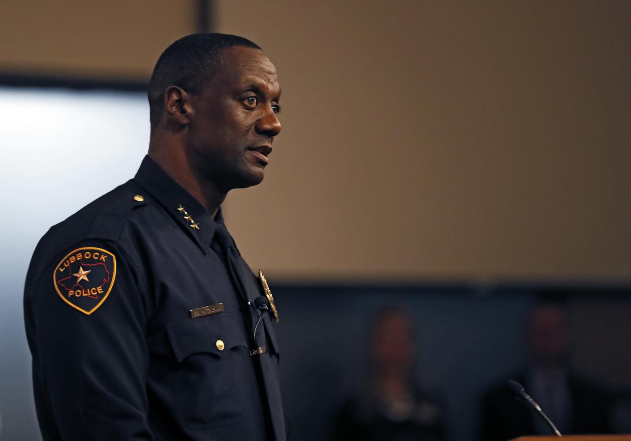 Floyd Mitchell talks to the crowd after he was sworn in as Chief of Police, Friday, Nov. 15, 2019, at City Hall in Lubbock. Mitchell on Friday was named chief of police for Oakland, Calif.