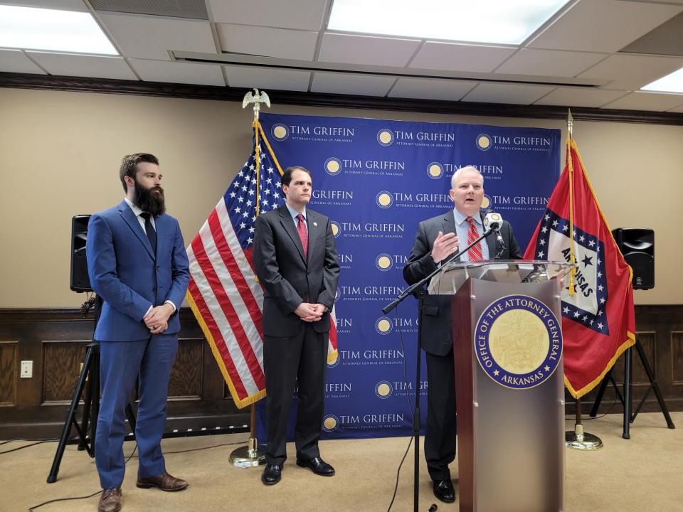 Arkansas Attorney General Tim Griffin announces a lawsuit challenging a new federal rule regulating licensing for gun dealers on May 1, 2024.