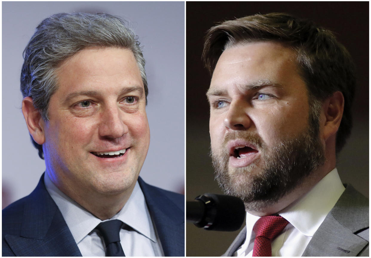 FILE - This combination of photos shows Ohio Democratic Senate candidate Rep. Tim Ryan, D-Ohio, on March 28, 2022, in Wilberforce, Ohio, left, and Republican candidate JD Vance on Sept. 17, 2022, in Youngstown, Ohio. Ryan and Vance deflected accusations of being political lapdogs to their parties Monday, as they met in a heated second debate for Ohio's open U.S. Senate seat. (AP Photo/Paul Vernon)