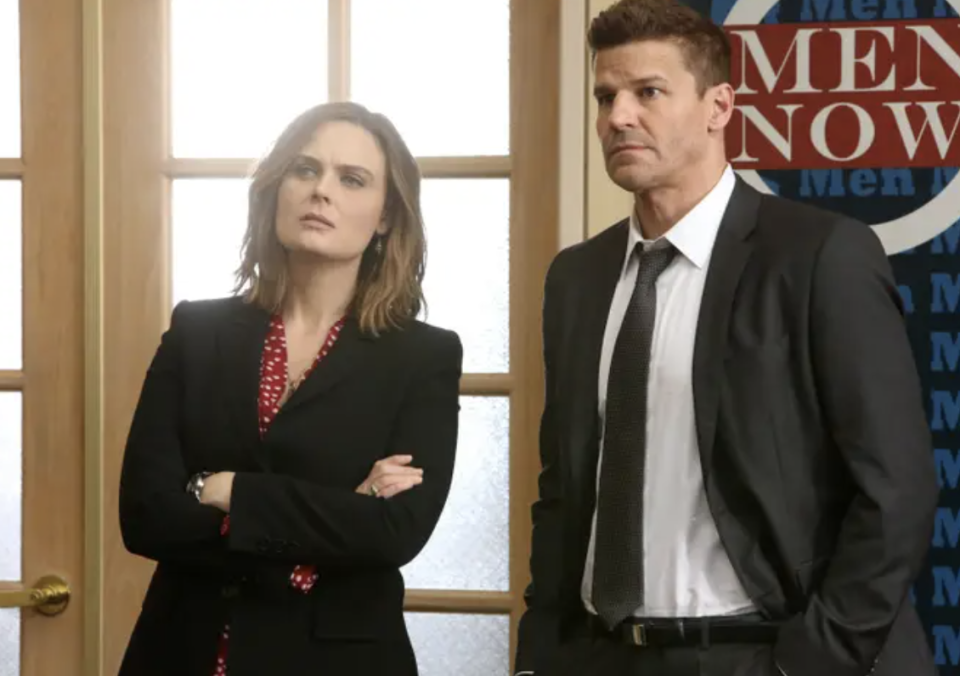 Two characters from the TV show "Bones" standing in an office, looking serious