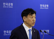 Bank of Korea Gov. Lee Ju-yeol speaks during a press conference in Seoul, South Korea, Thursday, July 18, 2019. South Korea's central bank on Thursday cut its policy rate for the first time in three years to combat a faltering economy that faces further risks from a heated trade dispute with Japan. (AP Photo/Ahn Young-joon)