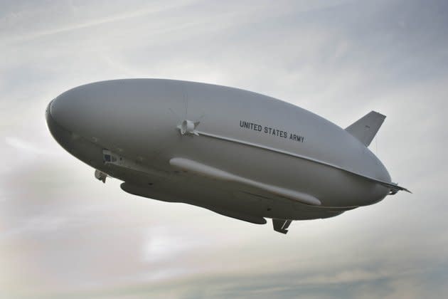 The Long Endurance Multi-Intelligence Vehicle (LEMV) is seen above Joint Base McGuire-Dix-Lakehurst, New Jersey during its first flight, August 7, 2012. The LEMV, like a blimp, is said to be capable of carrying multiple intelligence, surveillance and reconnaissance payloads for more than 21 days at altitudes greater than 22,000 feet. REUTERS/U.S. Army Space and Missile Defense Command/Army Forces Strategic Command