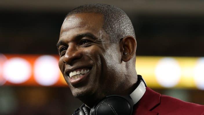 Deion Sanders is honored on the field prior to Super Bowl LIV between the San Francisco 49ers and the <a class="link " href="https://sports.yahoo.com/nfl/teams/kansas-city/" data-i13n="sec:content-canvas;subsec:anchor_text;elm:context_link" data-ylk="slk:Kansas City Chiefs;sec:content-canvas;subsec:anchor_text;elm:context_link;itc:0">Kansas City Chiefs</a> at Hard Rock Stadium last February in Miami. (Photo by Maddie Meyer/Getty Images)