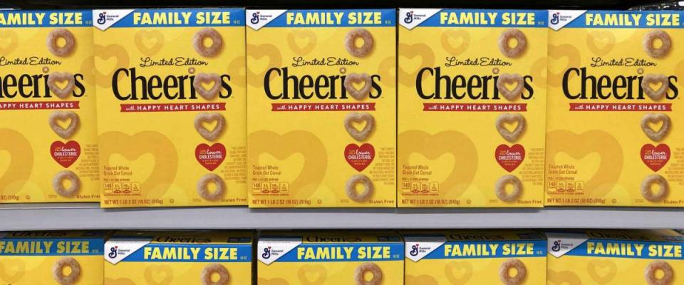 Indianapolis - Circa February 2021: Cheerios oat cereal display. Cheerios is a product of General Mills and claims to lower cholesterol and improve heart health.