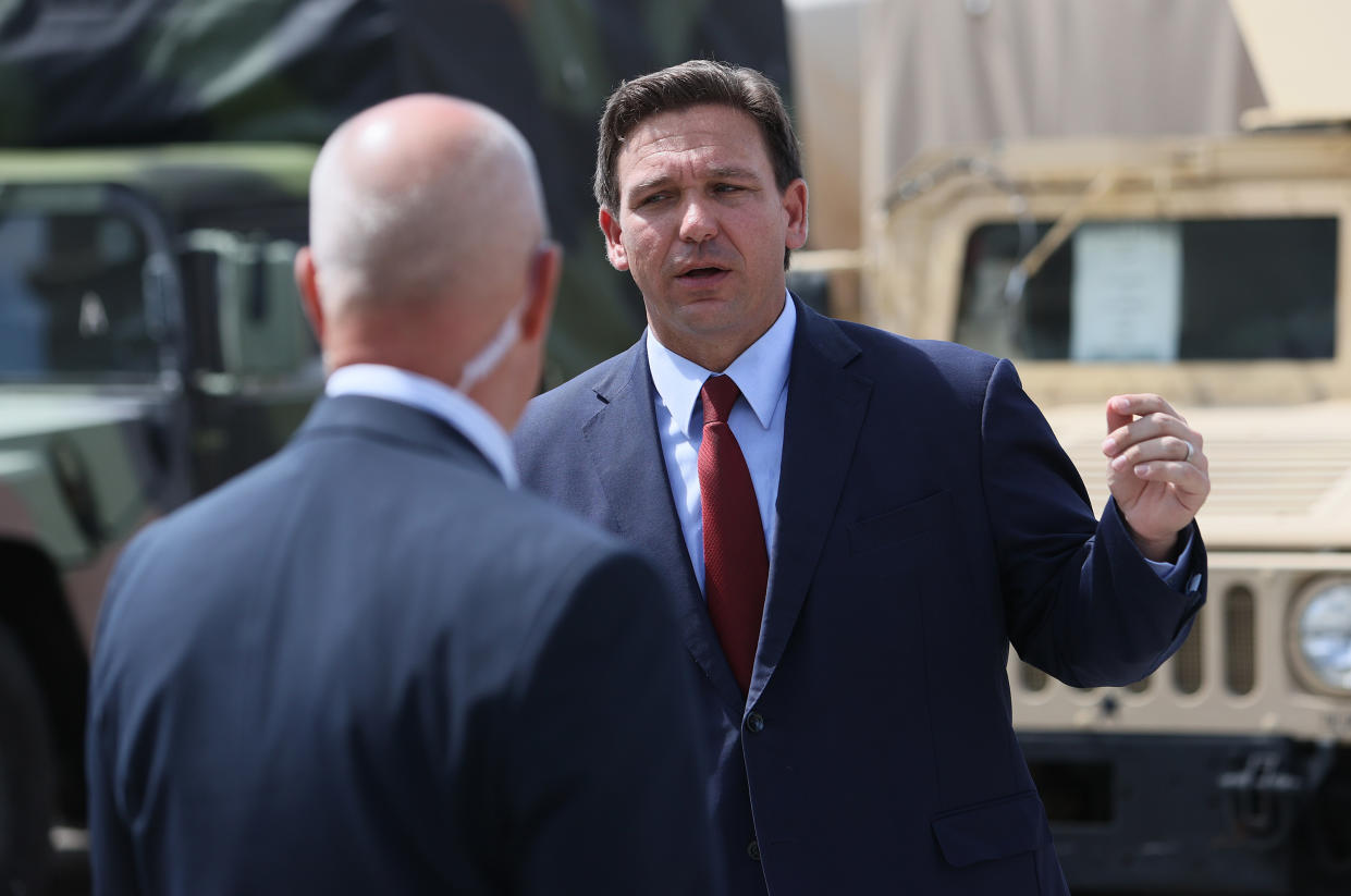 Florida Gov. Ron DeSantis leaves after holding a bill signing ceremony at the Florida National Guard Robert A. Ballard Armory on June 07, 2021 in Miami, Florida. (Joe Raedle/Getty Images)