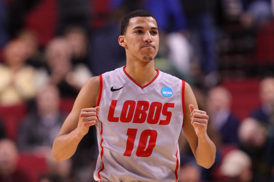 PORTLAND, OR - MARCH 15: Kendall Williams #10 of the New Mexico Lobos reacts after the Lobos defeat the Long Beach State 49ers 75-68 in the second round of the 2012 NCAA men's basketball tournament at Rose Garden Arena on March 15, 2012 in Portland, Oregon. (Photo by Jed Jacobsohn/Getty Images)