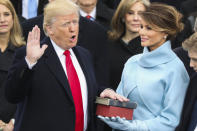 <p>Donald Trump is sworn in as the 45th president of the United States as Melania Trump looks on during the 58th Presidential Inauguration at the U.S. Capitol in Washington, Friday, Jan. 20, 2017. (Photo: Andrew Harnik/AP) </p>