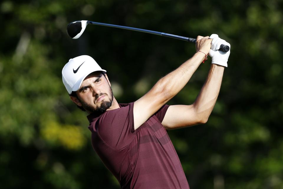 Abraham Ancer tees off on the 17th hole during the third round of the Dell Technologies Championship golf tournament at TPC Boston in Norton, Mass., Sunday, Sept. 2, 2018. (AP Photo/Michael Dwyer)