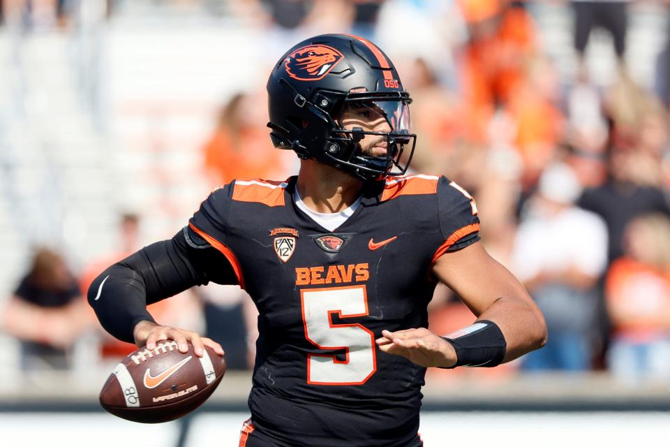 Sep 16, 2023; Corvallis, Oregon, USA; Oregon State Beavers quarterback DJ Uiagalelei (5) looks to throw during the second half against the San Diego State Aztecs at Reser Stadium. Mandatory Credit: Soobum Im-USA TODAY Sports