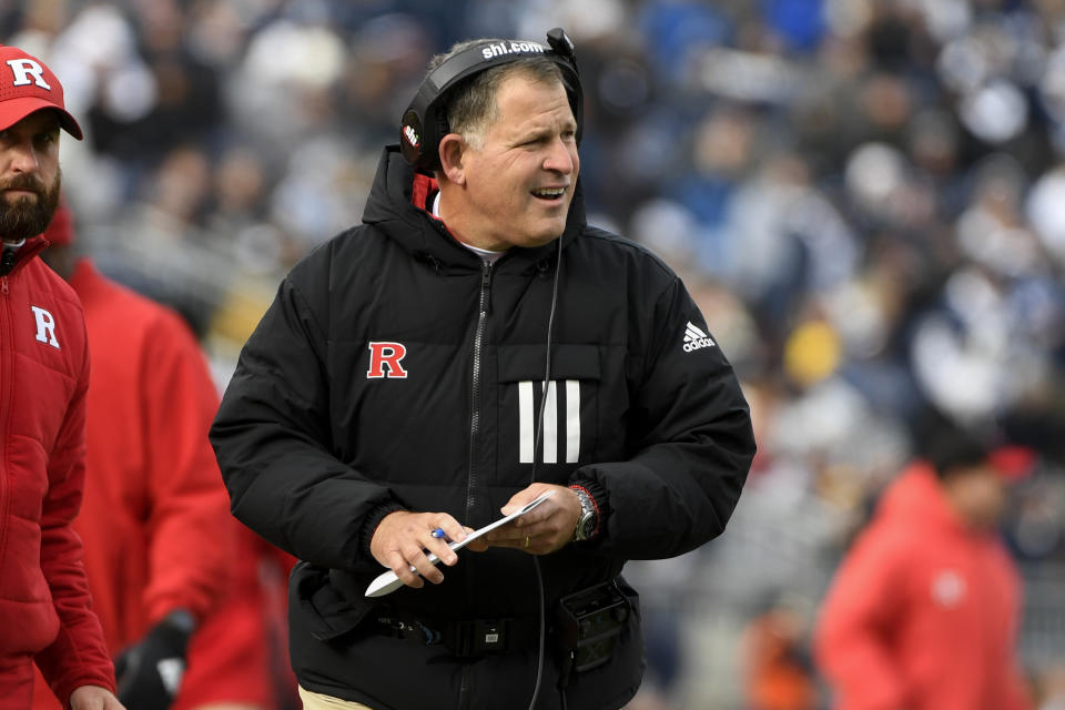 Rutgers coach Greg Schiano watches the team play Penn State during an NCAA college football game in State College, Pa., Saturday, Nov. 20, 2021. Penn State won 28-0. (AP Photo/Barry Reeger)