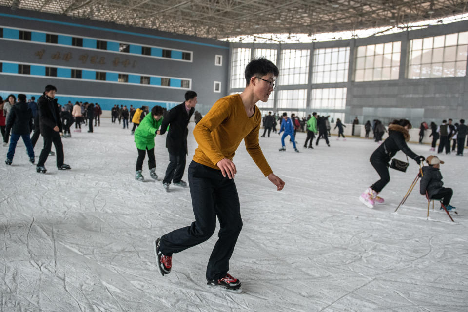 A North Korean man skates at an ice skating rink on Feb. 6, in Pyongyang.