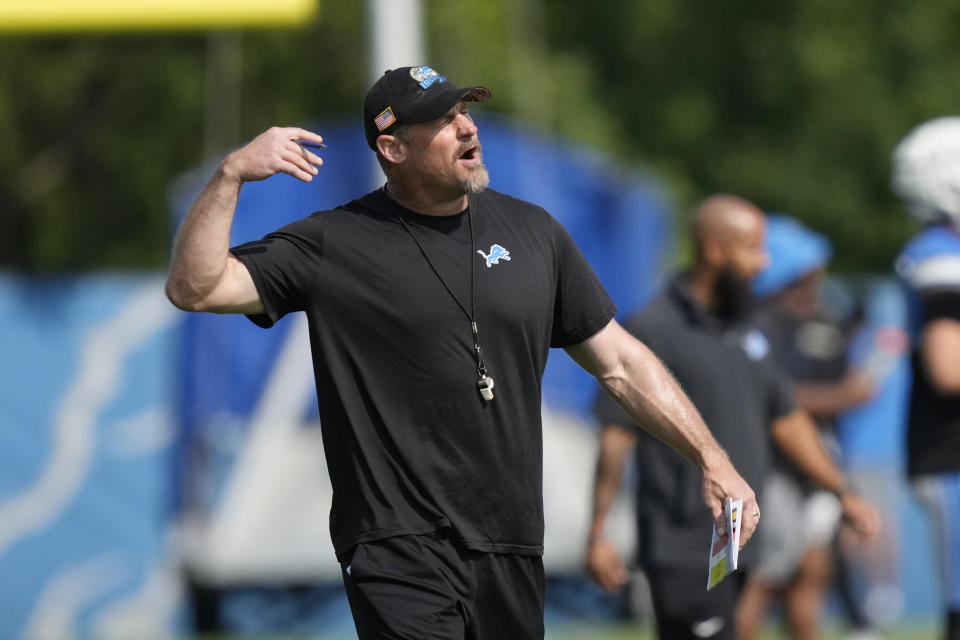 Detroit Lions head coach Dan Campbell watches drills during an NFL football practice, Tuesday, Aug. 8, 2023, in Allen Park, Mich. (AP Photo/Carlos Osorio)