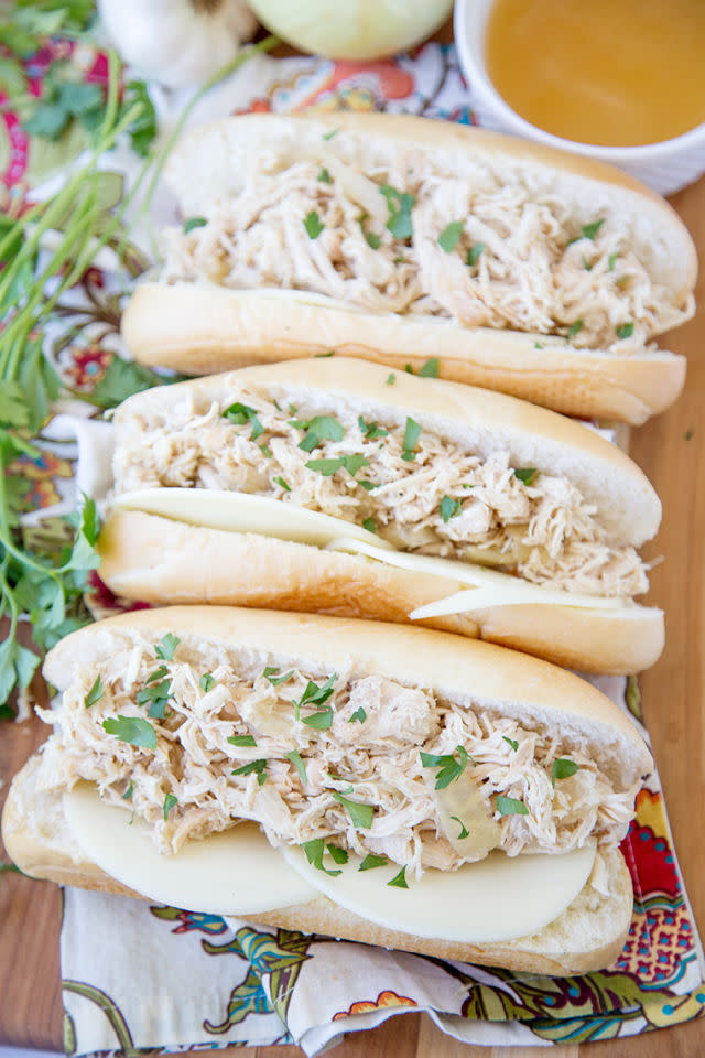 <p>Don't eat red meat? No problem!</p><p>Get the recipe from<span> <a rel="nofollow noopener" href="https://www.yellowblissroad.com/slow-cooker-chicken-french-dip-sandwiches-2/" target="_blank" data-ylk="slk:Yellow Bliss Road;elm:context_link;itc:0;sec:content-canvas" class="link ">Yellow Bliss Road</a>.</span></p>