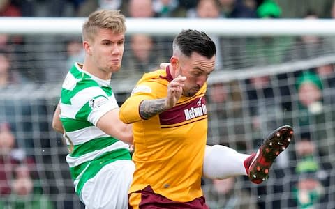 Motherwell's Ryan Bowman will take on Celtic's Kristoffer Ajer again at Hampden on Saturday - Credit: Jeff Holmes/PA Wire