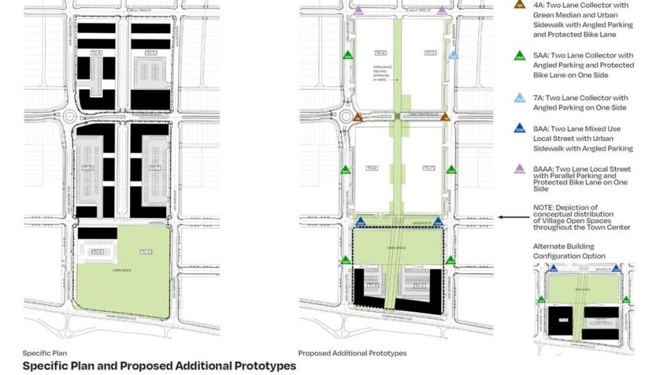 This map shows the original plans on the left side and potential new plans on the right. Under the new plan, buildings would fill the bottom half of the village green to create a buffer between it and Warm Springs Avenue. The center road would be converted into a green park lane with no cars allowed on it.