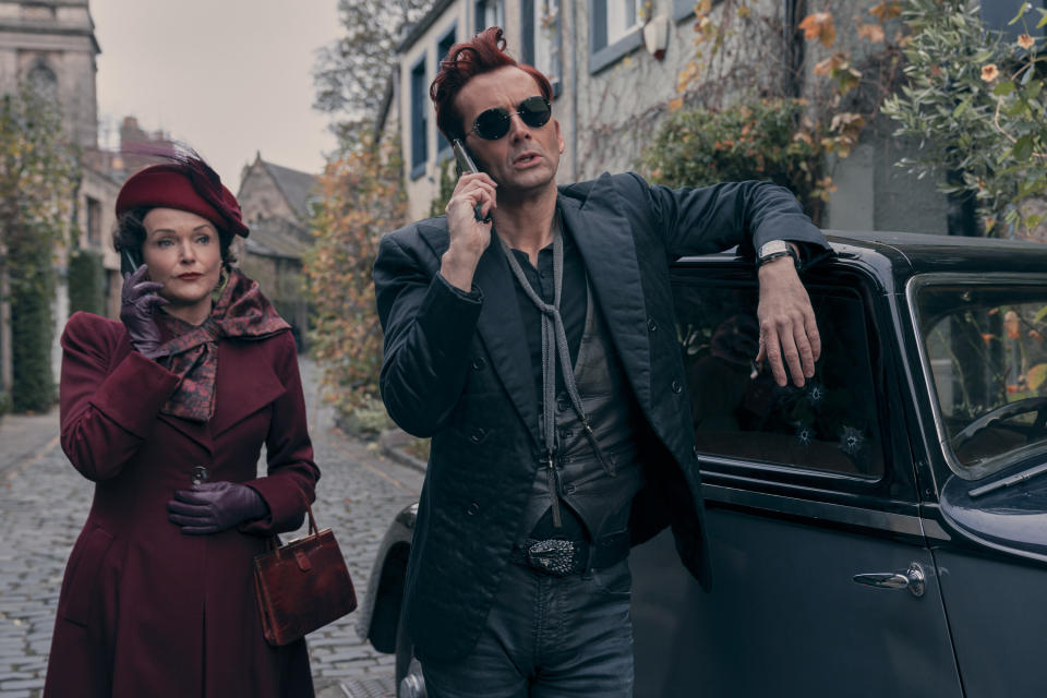 Miranda Richardson and David Tennant in Good Omens (Prime Video)