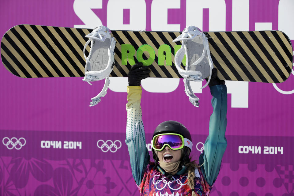 Australia's Torah Bright reacts after a seeding run during women's snowboard cross competition at the Rosa Khutor Extreme Park, at the 2014 Winter Olympics, Sunday, Feb. 16, 2014, in Krasnaya Polyana, Russia. (AP Photo/Andy Wong)