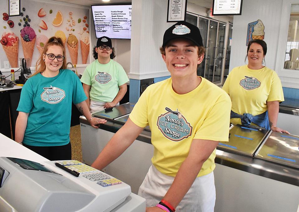 Nicole Serio, Quintin Pereira, Braeden Bartley and Allyson Proust behind the counter at Nonno's Ice Cream Shoppe in Fall River.