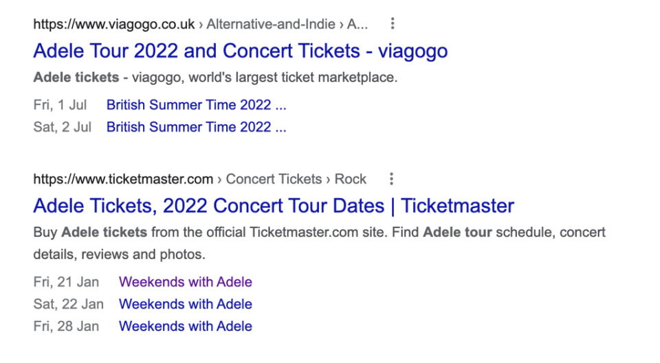 Viagogo often appears at the top of Google during searches for in-demand gig tickets (Screengrab)