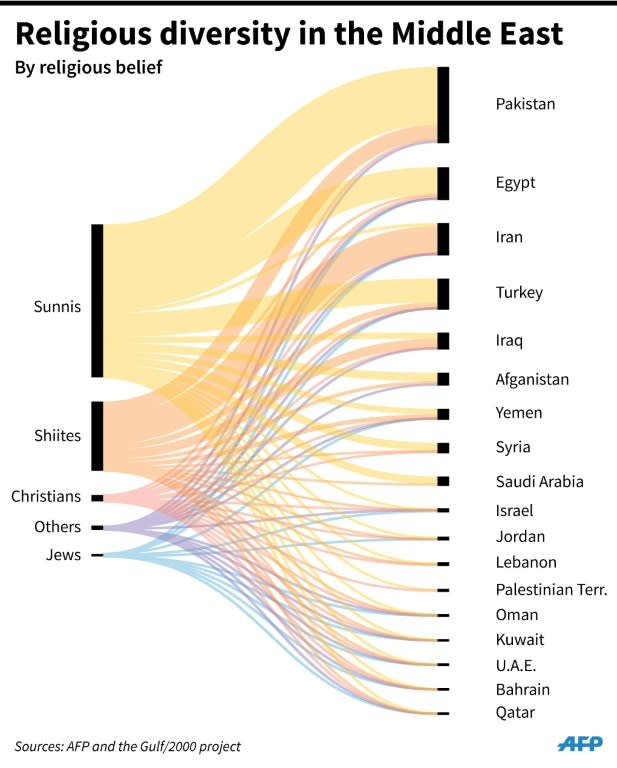 Graphic showing religious diversity in the Midde East and the strength of the main religions. 90 x 112 mm