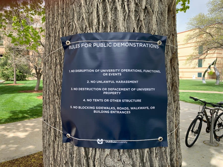Rules are posted as students at Utah State University hold a pro-Palestine sit-in on May 1, 2024. The USU demonstration took place days after students and community members were arrested at University of Utah demonstrations. (KTVX/Kade Garner)