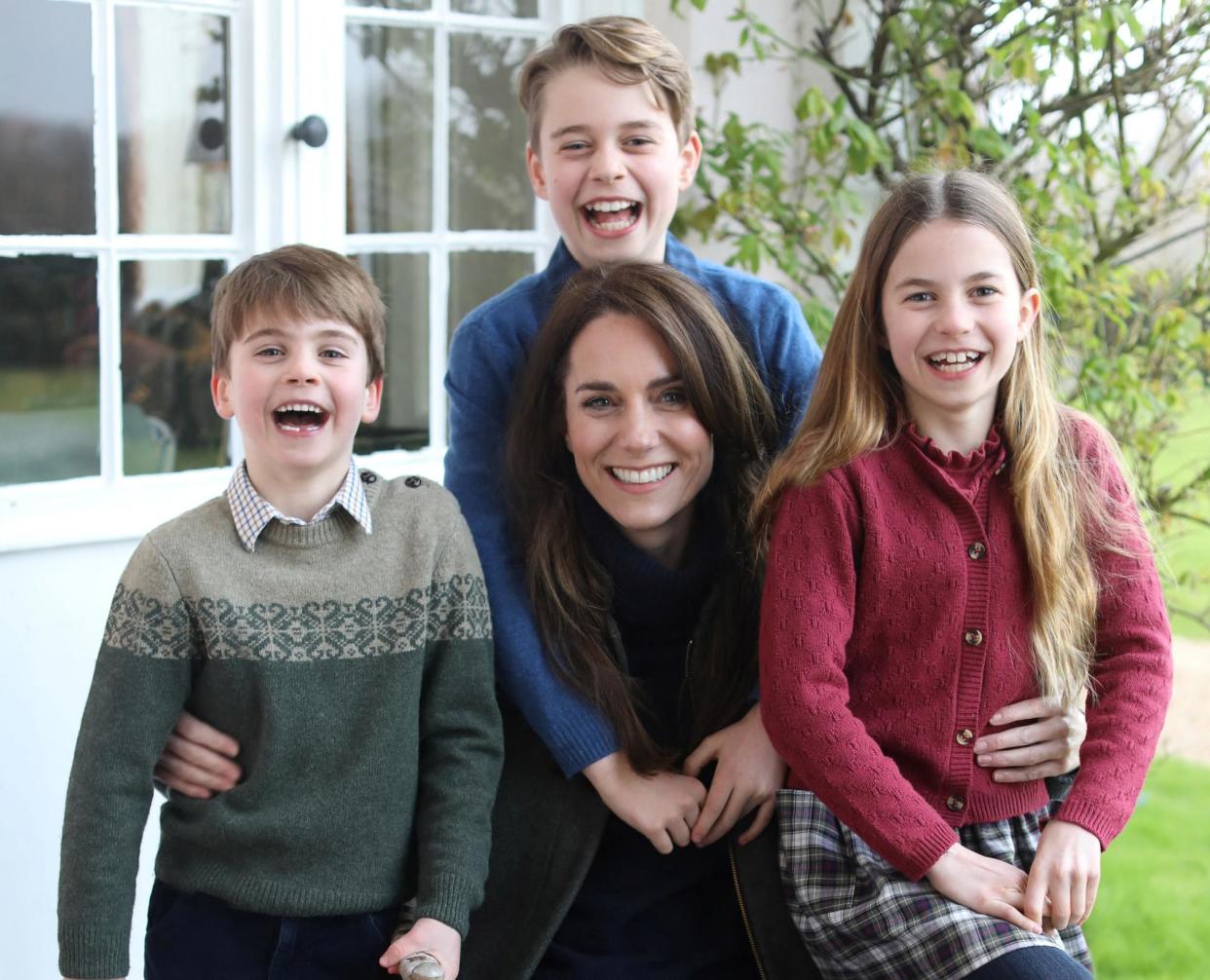 <span>A photo issued by Kensington Palace of the Princess of Wales, with her children, Prince Louis, Prince George and Princess Charlotte, taken in Windsor earlier this week by the Prince of Wales.</span><span>Photograph: Prince of Wales/Kensington Palace/Reuters</span>
