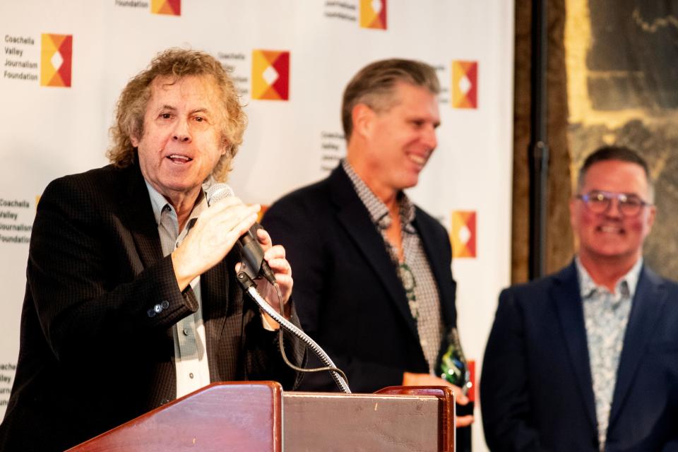 Hall of Fame Induction recipient Bruce Fessier speaks during the Coachella Valley Journalism Awards and Media Hall of Fame Induction luncheon at Thunderbird Country Club in Rancho Mirage, Calif., on Wednesday, Feb. 28, 2024.