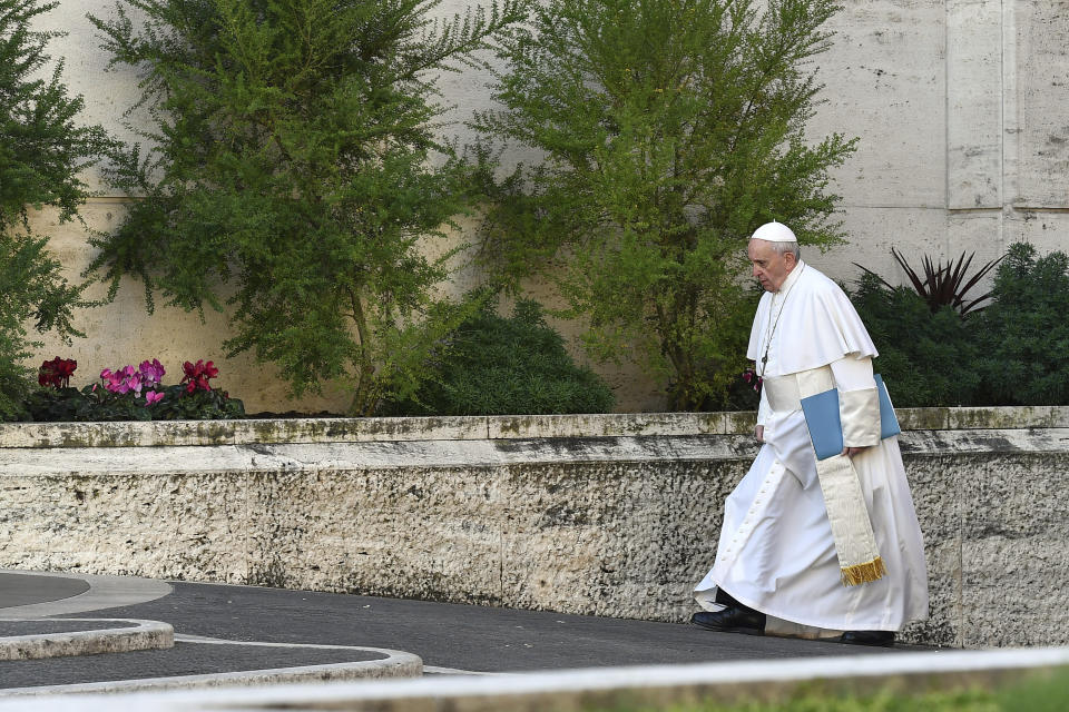 Pope Francis arrives for the opening of a sex abuse prevention summit, at the Vatican, Thursday, Feb. 21, 2019. The gathering of church leaders from around the globe is taking place amid intense scrutiny of the Catholic Church's record after new allegations of abuse and cover-up last year sparked a credibility crisis for the hierarchy. (Vincenzo Pinto/Pool Photo via AP)