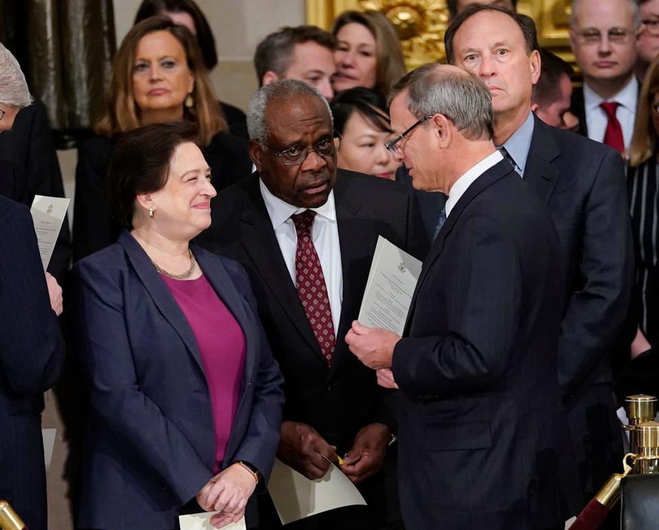 The Supreme Court's three senior conservatives justices are (L to R) Associate Justice Clarence Thomas, Chief Justice John Roberts and Associate Justice Samuel Alito, here with Associate Justice Elena Kagan.