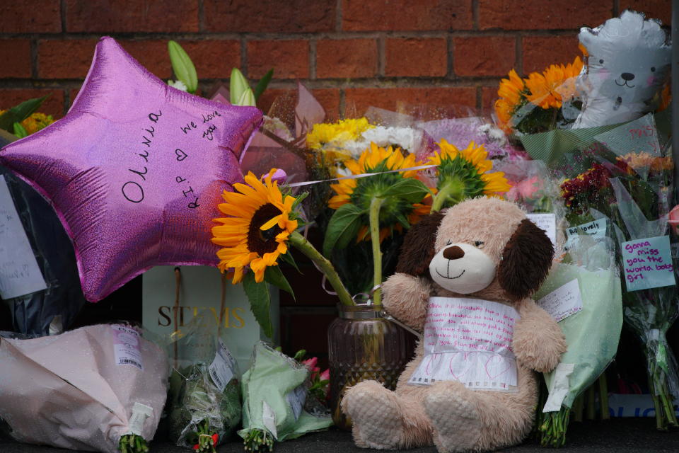 Tributes left in Kingsheath Avenue, Knotty Ash, Liverpool, where nine-year-old Olivia Pratt-Korbel was fatally shot on Monday night. The people of Liverpool have been urged to turn in the masked gunman who killed Olivia as he chased his intended target into her home. Picture date: Wednesday August 24, 2022.