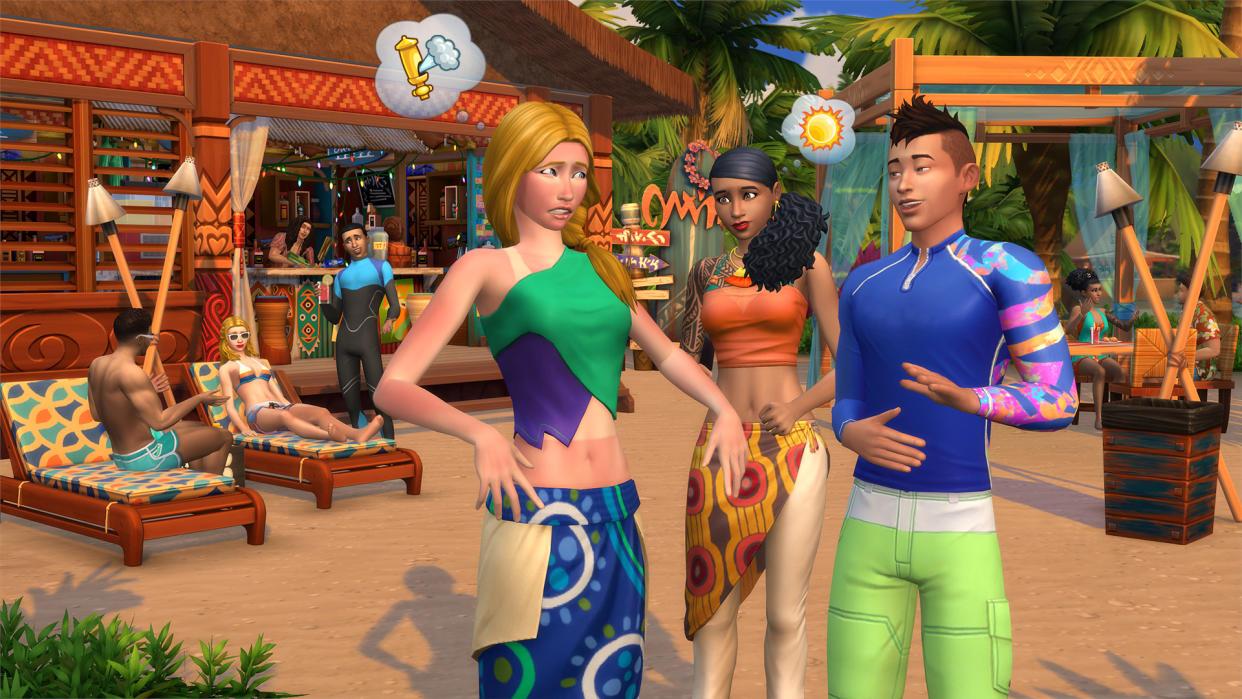  A screenshot with three Sims speaking on a beach setting with other Sims reclining in the background. 