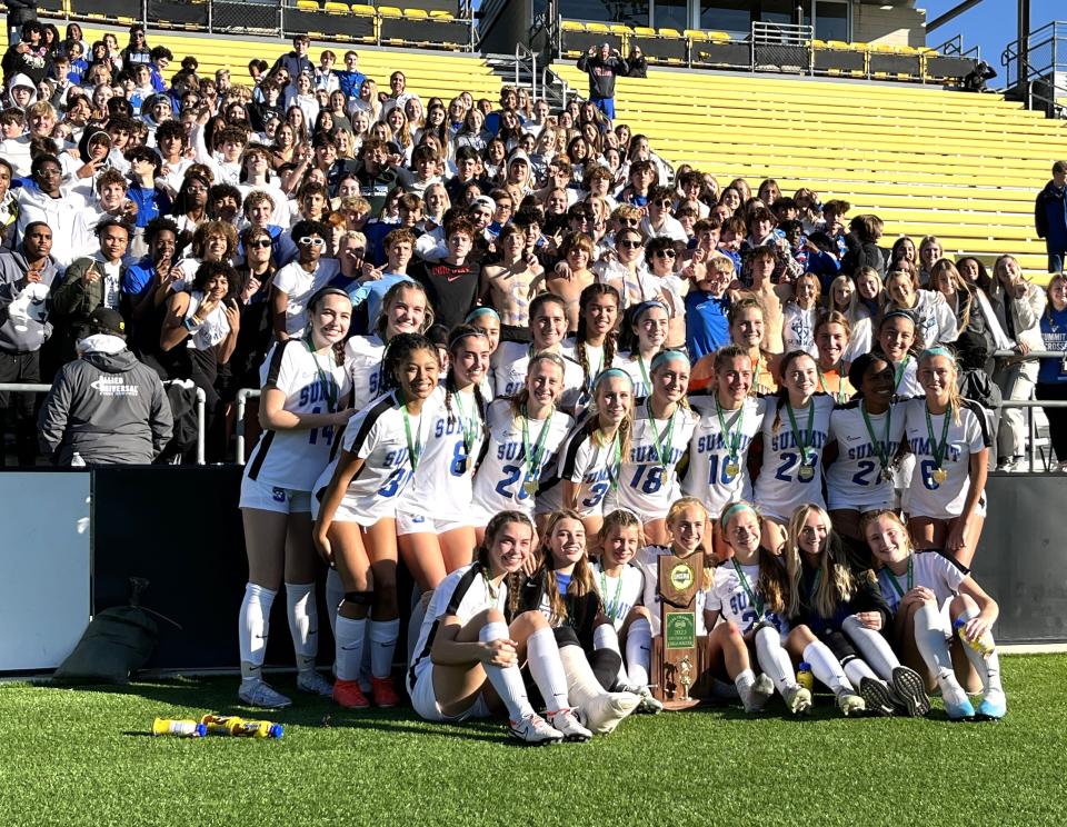 Summit Country Day girls soccer players and student section celebrate the state championship as SCD defeated Rocky River 1-0 in the OHSAA Division II final Nov. 10 at Historic Crew Stadium.