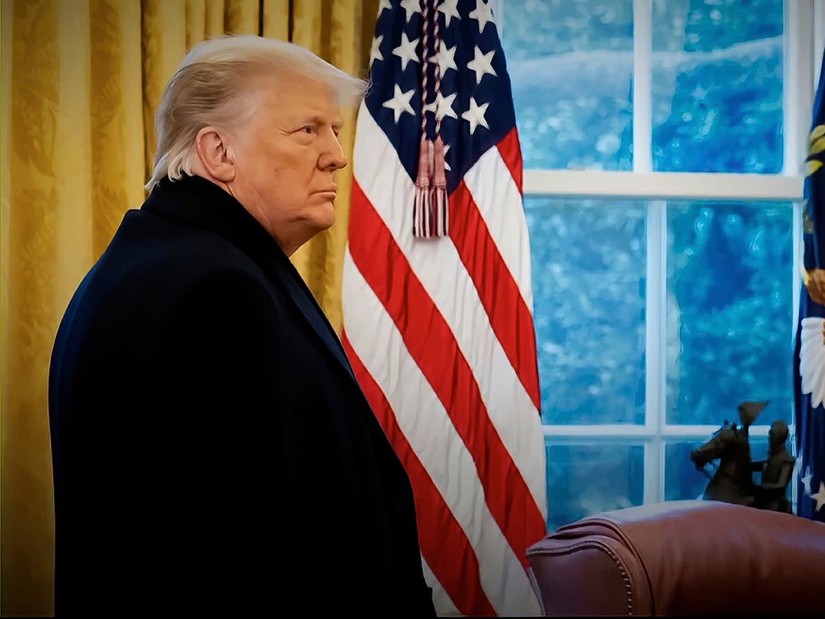 This video screenshot released by the House Select Committee shows then-President Donald Trump with his coat on as he returns to the Oval Office after speaking on the Ellipse on 6 January, 2021 (AP)