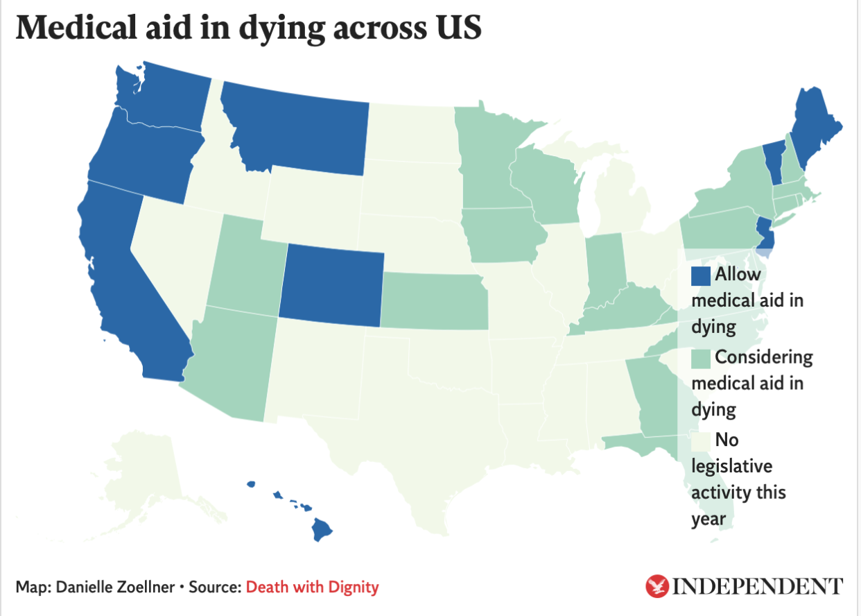 Nine states and the District of Columbia currently have laws that allow medical aid in dying for their residents (The Independent )