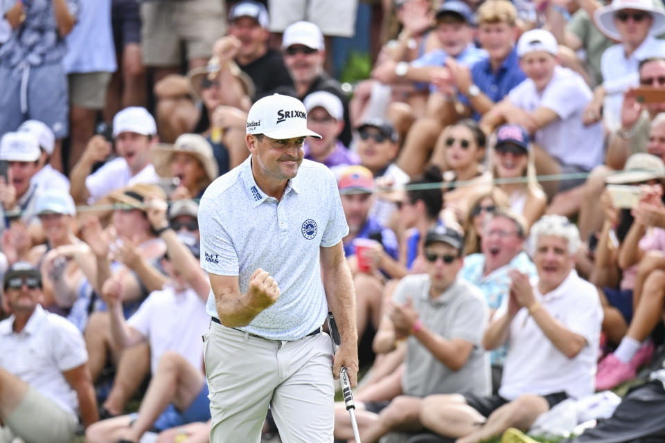 CASTLE ROCK, COLORADO - AUGUST 24: Keegan Bradley celebrates with a fist pump after making a birdie putt on the 18th hole green as fans cheer during the third round of the BMW Championship, the second event of the FedExCup Playoffs, at Castle Pines Golf Club on August 24, 2024 in Castle Rock, Colorado. (Photo by Keyur Khamar/PGA TOUR via Getty Images)