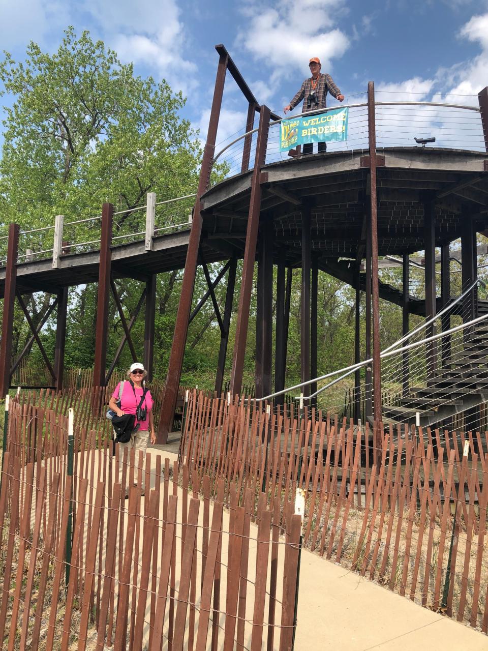 Seasoned bird watchers use the Longshore Platform along the Lake Michigan shore to scan for migrating birds at Indiana Dunes State Park during 2022's Indiana Dunes Birding Festival.