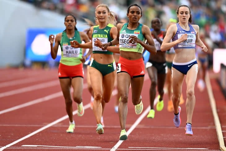 <span class="article__caption">Ethiopia’s Gudaf Tsegay (C) compete in the women’s 1500m semi-final during the World Athletics Championships at Hayward Field in Eugene, Oregon on July 16, 2022. (Photo by Jewel SAMAD / AFP) (Photo by JEWEL SAMAD/AFP via Getty Images)</span>