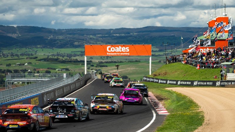 A photo of racing cars at Mount Panorama in Australia. 