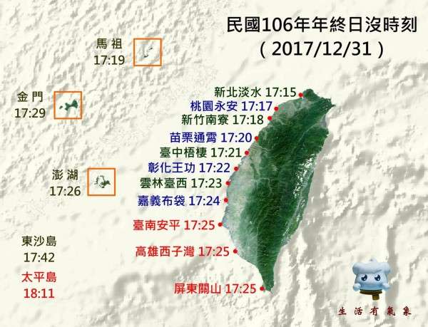 中央氣象局整理出2017「全台日末時刻表」，今年全國最晚日沒地點在南海太平島，台灣本島的最後一道夕陽則落在屏東關山、高雄西子灣及台南安平。（取自中央氣象局）