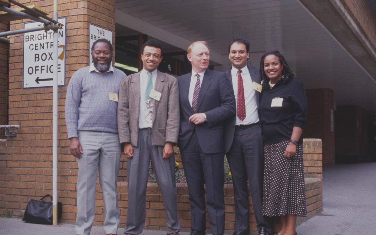 Diane Abbott with fellow Labour politicians (l-r) Bernie Grant, Paul Boateng, Neil Kinnock and Keith Vaz in 1987