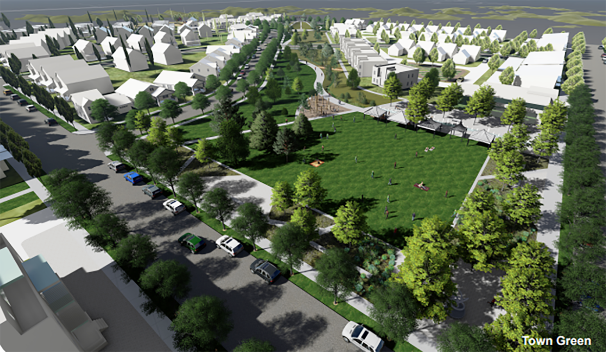 The proposed Pikes Peak Park development in West Pueblo calls for a Town Green landscaped park area, affordable housing and retail space.