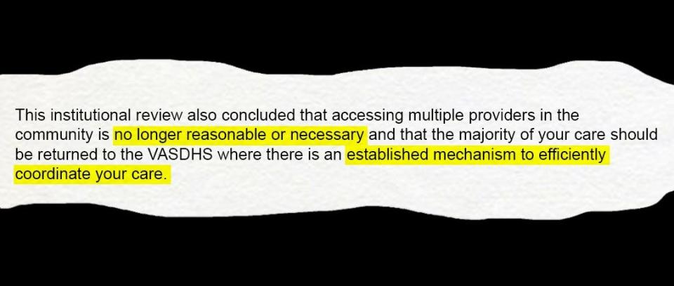 Excerpt from a letter sent from the San Diego VA to veteran Christine Russell about her medical treatments.