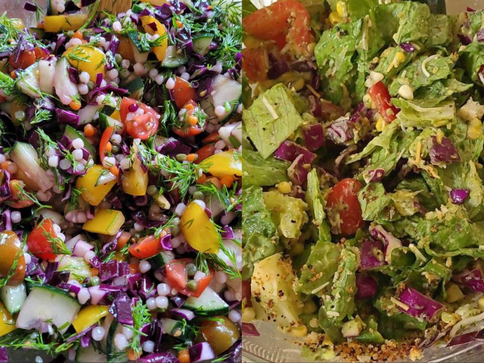 side by side of two colorful salads