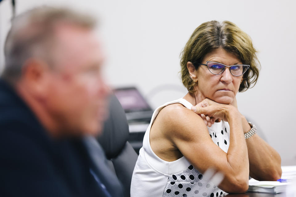Commissioner Staci Alonso attends a State of Nevada Athletic Commission meeting held to discuss the Nevada Attorney General's investigation findings regarding the death of UNLV student Nathan Valencia, Tuesday, Aug. 23, 2022. (Wade Vandervort/Las Vegas Sun via AP)