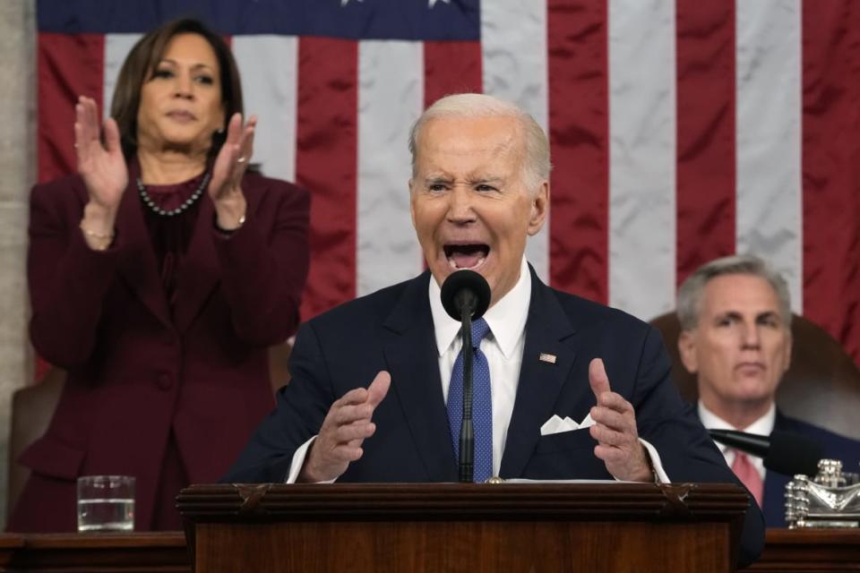 U.S. President Joe Biden delivers the State of the Union address to a joint session of Congress as Vice President Kamala Harris and House Speaker Kevin McCarthy (R-Calif.) listen on February 7, 2023 in the House Chamber of the U.S. Capitol in Washington, D.C. The speech marks Biden’s first address to the new Republican-controlled House. (Photo by Jacquelyn Martin-Pool/Getty Images)