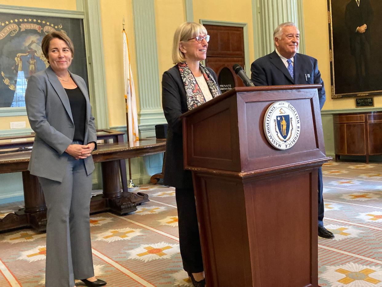 Massachusetts state leadership discuss the migrant crisis Monday. Gov. Maura Healey, Senate President Karen Spilka, D-Ashland, and House Speaker Ronald Mariano, D-Quincy, are waiting for federal help.